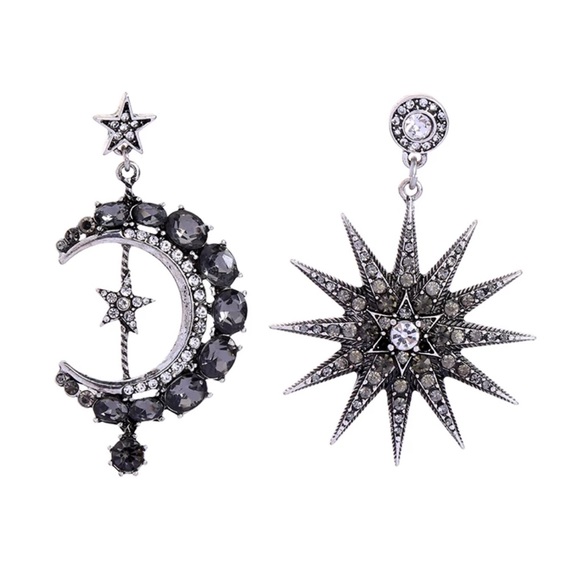 NEW 💎 Large Sun Moon Rhinestone Gunmetal Earrings - Picture 5 of 7